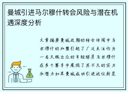 曼城引进马尔穆什转会风险与潜在机遇深度分析