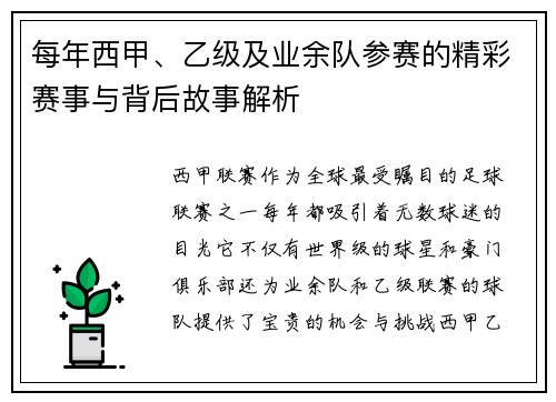 每年西甲、乙级及业余队参赛的精彩赛事与背后故事解析 每年西甲、乙级及业余队参赛的精彩赛事与背后故事解析