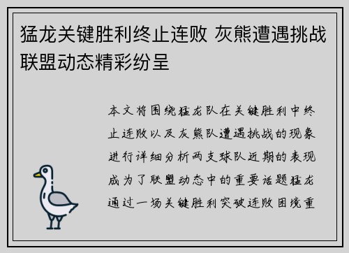 猛龙关键胜利终止连败 灰熊遭遇挑战联盟动态精彩纷呈