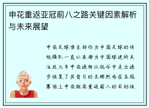 申花重返亚冠前八之路关键因素解析与未来展望