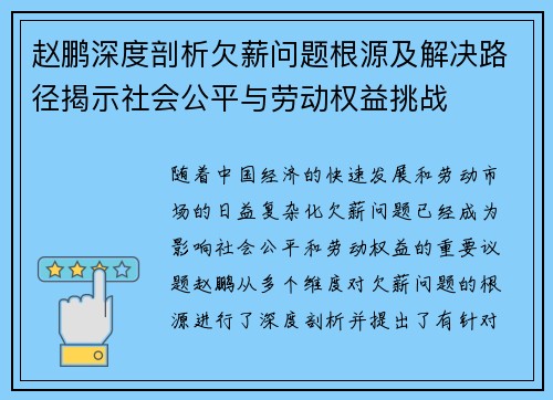 赵鹏深度剖析欠薪问题根源及解决路径揭示社会公平与劳动权益挑战 赵鹏深度剖析欠薪问题根源及解决路径揭示社会公平与劳动权益挑战